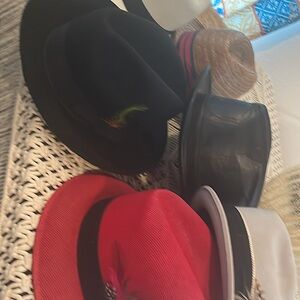 Fedora hats leather, felt, straw, feather on side. Large or 7 1/4